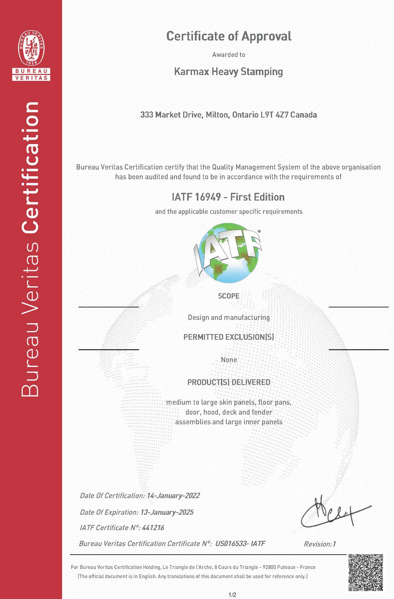 ISO/TS 16949 Certificate Page 1
